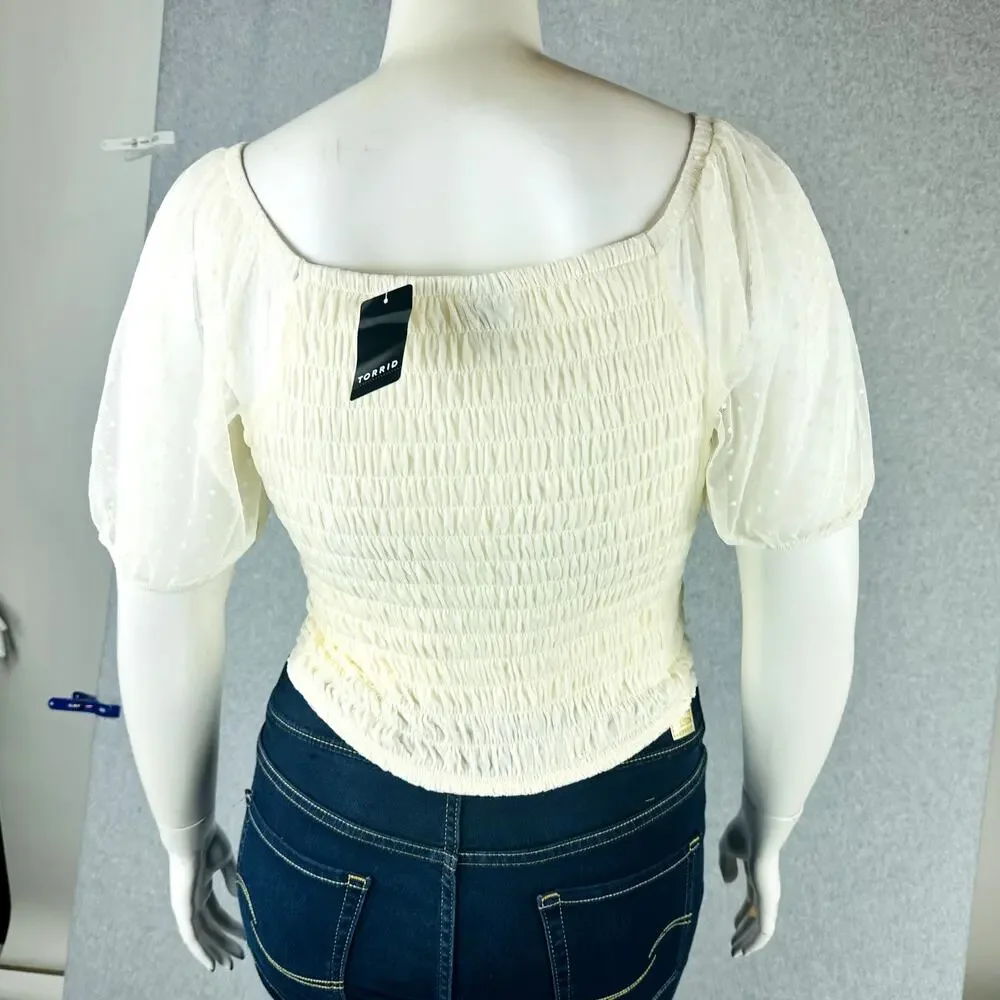 Torrid Womans Sz 4X Plus Blouse Smocked Dot Mesh Square Neck Crop Top Ivory NWT